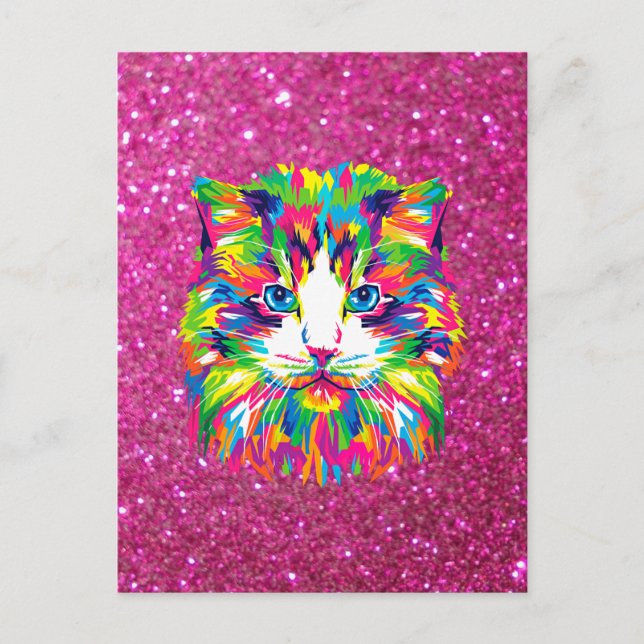 Colorful cat on sparkling background postcard (Front)