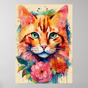 Colorful Cat Silhouette Watercolor Wall Poster
