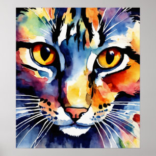 Colorful Cat Silhouette Watercolor Wall Poster