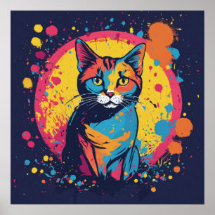Colorful Cat Silhouette Watercolor Wall Poster