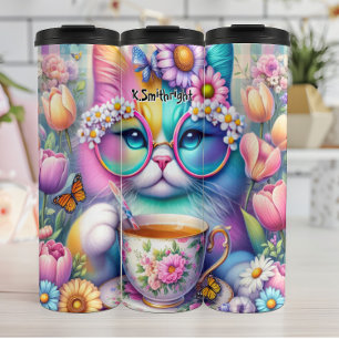 Colorful Cat Wearing Glasses Drinking Tea Thermal Tumbler