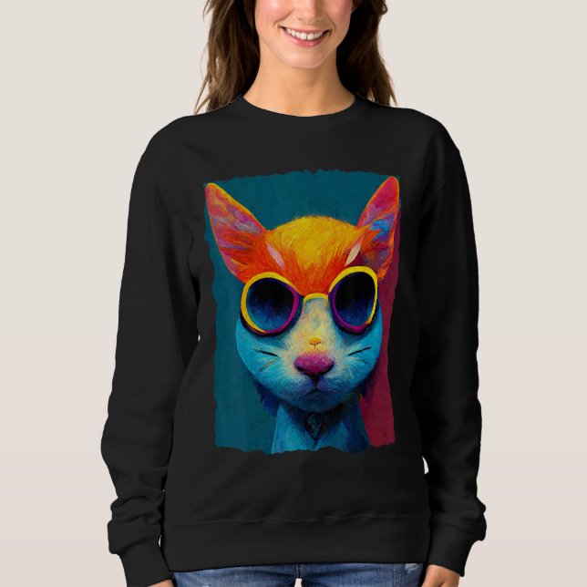 Colorful Cat With Glasses Sweatshirt (Front)