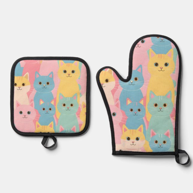 colorful cats oven mitt & pot holder set (Front)