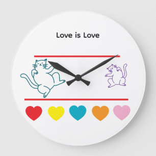 Colorful Cats & Rainbow Hearts Round Clock