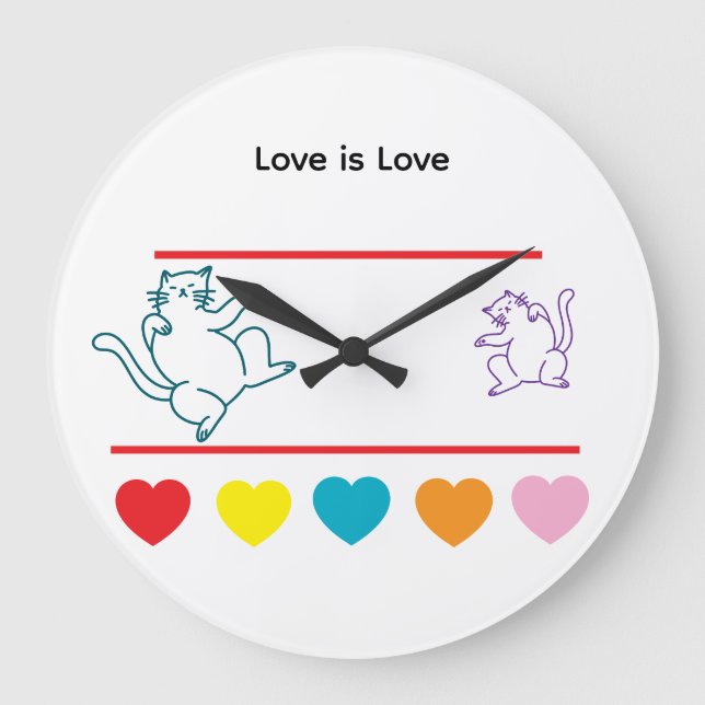 Colorful Cats & Rainbow Hearts Round Clock (Front)