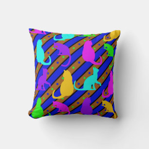 Colorful Cats stripes and polkadots Animal art Cushion