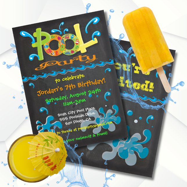 Colorful Chalkboard Pool Party Invitations (Creator Uploaded)