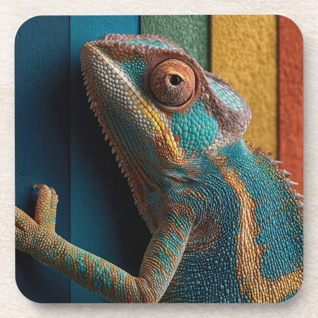 Colorful Chameleon on Rainbow Background Coaster (Front)