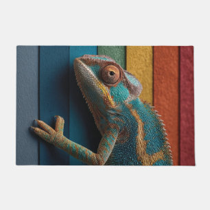 Colorful Chameleon on Rainbow Background Doormat