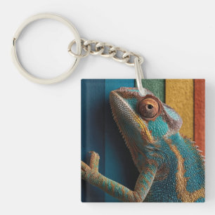 Colorful Chameleon on Rainbow Background Key Ring