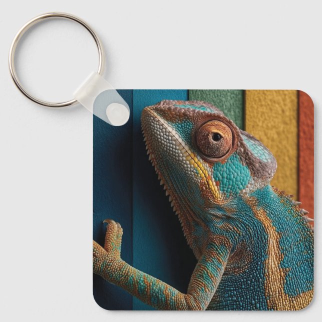 Colorful Chameleon on Rainbow Background Key Ring (Front)