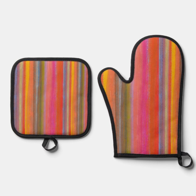 Colorful Charcoal Boho Stripes Oven Mitt & Pot Holder Set (Front)