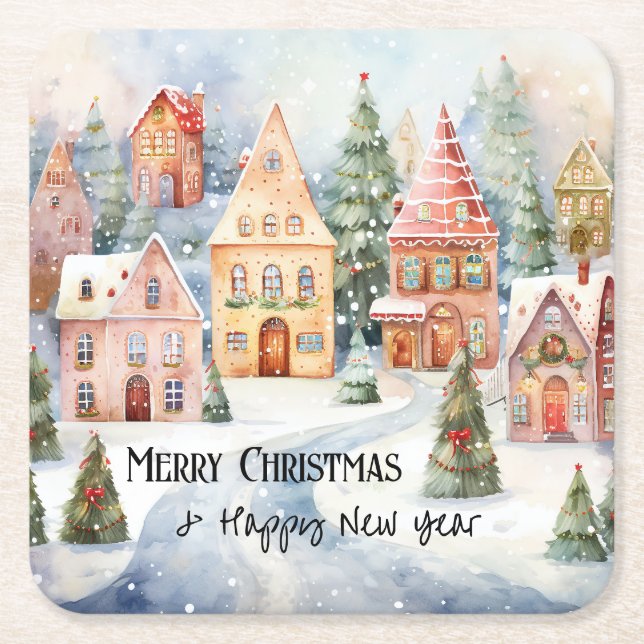 Colorful Charming Watercolor Town Christmas Square Paper Coaster (Front)