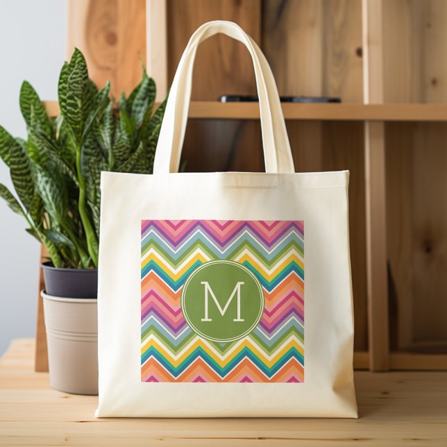 Colorful Chevron Pattern with Monogram Tote Bag (Personalized tote bag with chevrons and monogram)