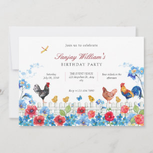 Colorful chick farm garden birthday invitation