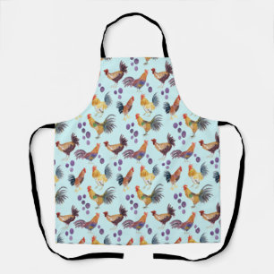 Colorful Chickens & Eggs Watercolor Pattern Blue Apron
