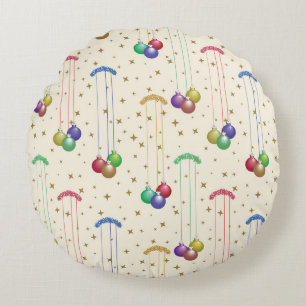Colorful Christmas balls,gold stars Round Cushion