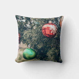 Colorful Christmas bauble decoration on a tree. Vi Cushion