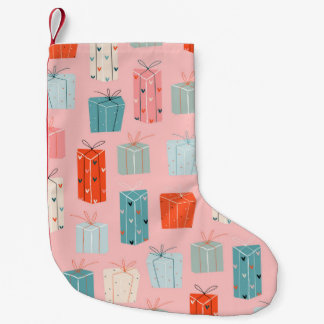 Colorful Christmas gifts on a pink background. Sea Small Christmas Stocking