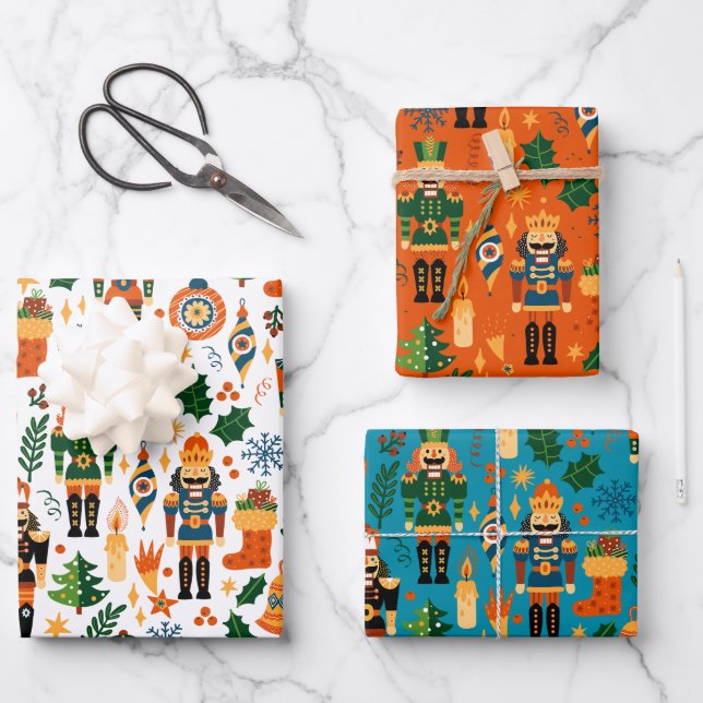 Colorful Christmas Pattern With Nutcrackers Wrapping Paper Sheet (Front)