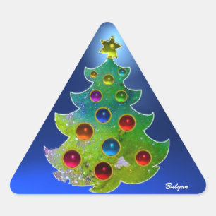 COLORFUL CHRISTMAS TREE IN GREEN GOLD SPARKLES TRIANGLE STICKER