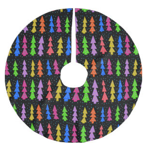 Colorful Christmas Trees on Black Brushed Polyester Tree Skirt