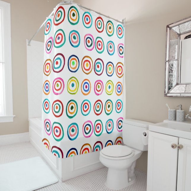 Colorful circle rainbow watercolor shower curtain (In Situ)