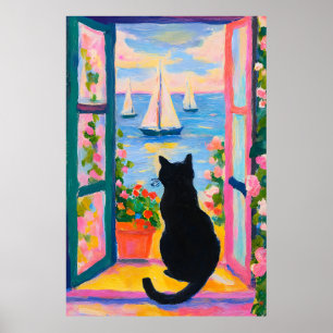 Colorful Coastal Cat Painting Window Sailboats Poster
