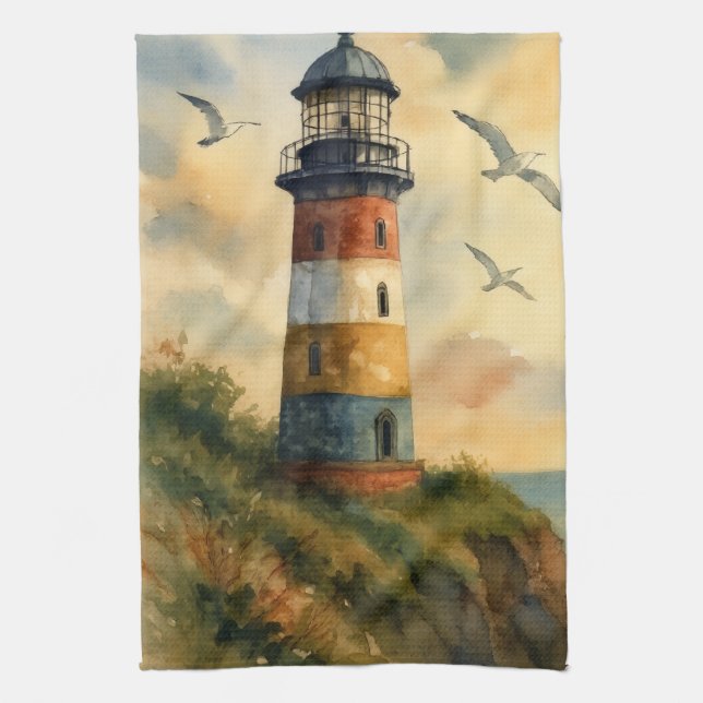 Colorful Coastal Lighthouse Kitchen Towel (Vertical)