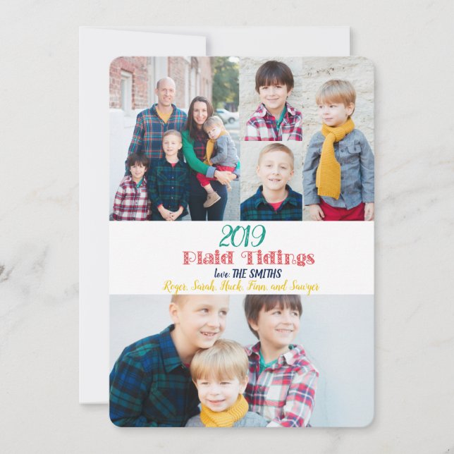 Colorful Collage Plaid Tidings Holiday Photo Card (Front)