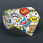 Colorful Comic Pop Art Speech Bubble Pattern Tie<br><div class="desc">A vibrant comic-style pattern filled with colorful speech bubbles and pop art elements featuring words like hello, wow, cool, bam, and hi. The design uses bold shapes, halftone dots, lightning bolts, and stars, creating a fun retro comic book aesthetic perfect for playful prints and modern pop art themes.</div>