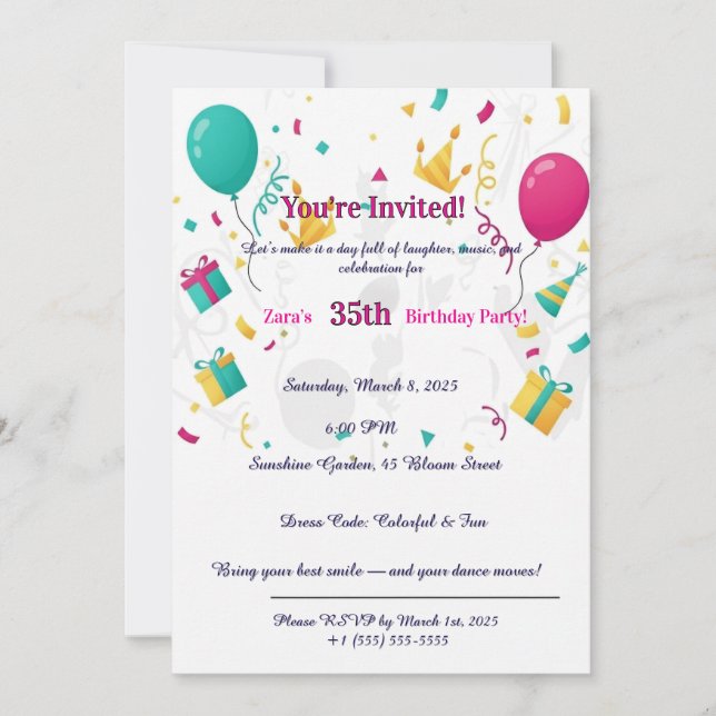Colorful Confetti Balloons Fun 35th  Invitation (Front)