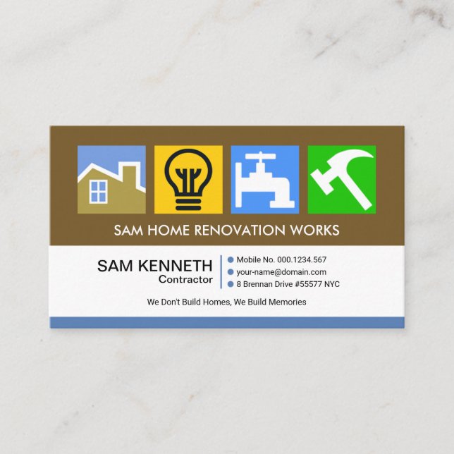 Colorful Construction Symbols Motif Builder Business Card (Front)