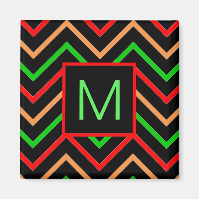 Colorful Cool Chevron on Black Monogram Magnet (Front)