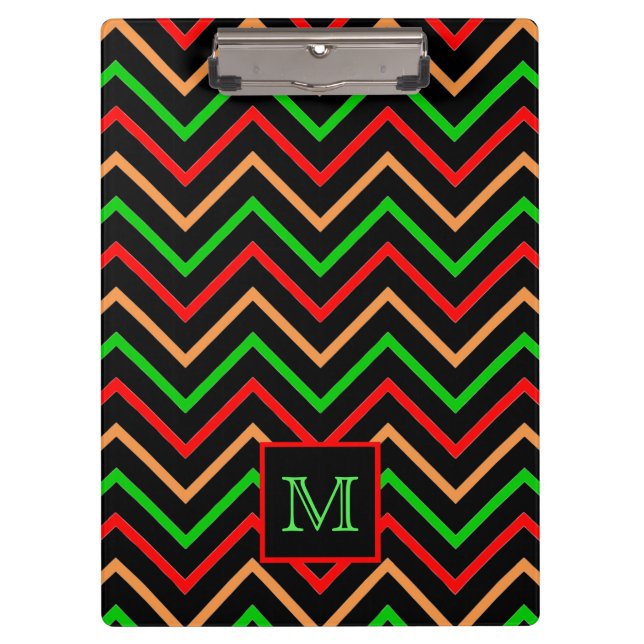 Colorful Cool Chevron on Black Monogrammed Clipboard (Front)