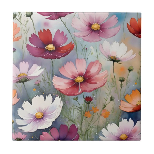 Colorful cosmos flower design ceramic tile (Front)