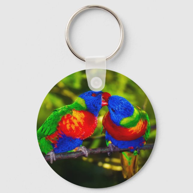 Colorful Couple of Kissing Parrots Key Ring (Front)