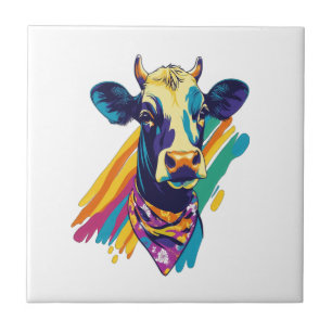 Colorful Cow Png, Rainbow Cow Design Png Ceramic Tile