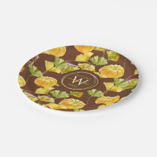 Colorful Cozy Autumn Watercolor Pattern Monogram Paper Plate