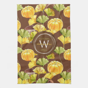 Colorful Cozy Autumn Watercolor Pattern Monogram Tea Towel