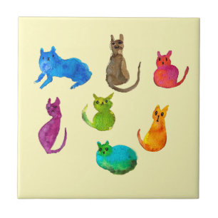 Colorful crazy cats in watercolor ceramic tile
