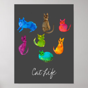 Colorful crazy cats in watercolor poster