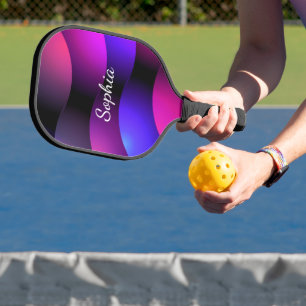 Colorful Curved Shapes, White Script Name Pickleball Paddle