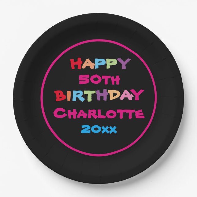 Colorful Custom Name Year Date Happy Birthday Paper Plate (Front)