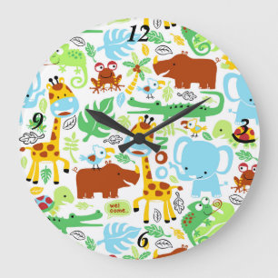 Colorful Cute Cartoon Jungle Large Clock