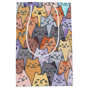 Colorful Cute Cat Crowd Pattern Whimsical Cat Face Medium Gift Bag