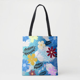 Colorful Cute Daisies Ferns Bubbles Clouds Pattern Tote Bag