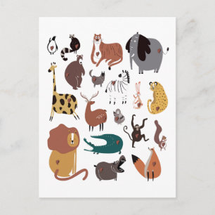 Colorful cute doodle cartoon set of Wild animals . Postcard