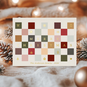 Colorful Cute Merry Christmas Vintage Checkerboard Foil Holiday Postcard