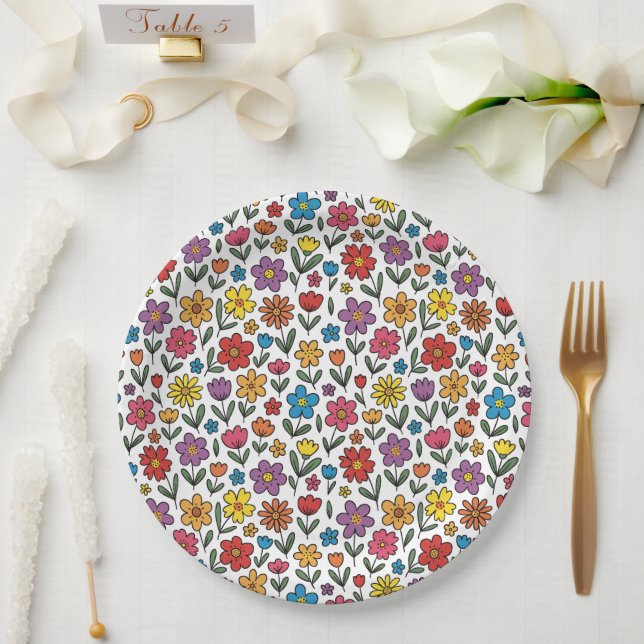 Colorful Cute Spring Flowers Paper Plates (Wedding)